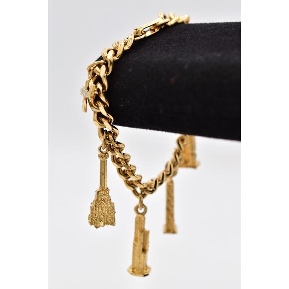 Vintage NYC Landmark Charm Bracelet Gold Tone Skyscraper Dangle Chain 80s BinO - Picture 4 of 12